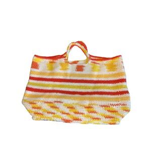 Hand Crocheted Tote Bag Striped Yellow Orange White Red Beach Bag‎